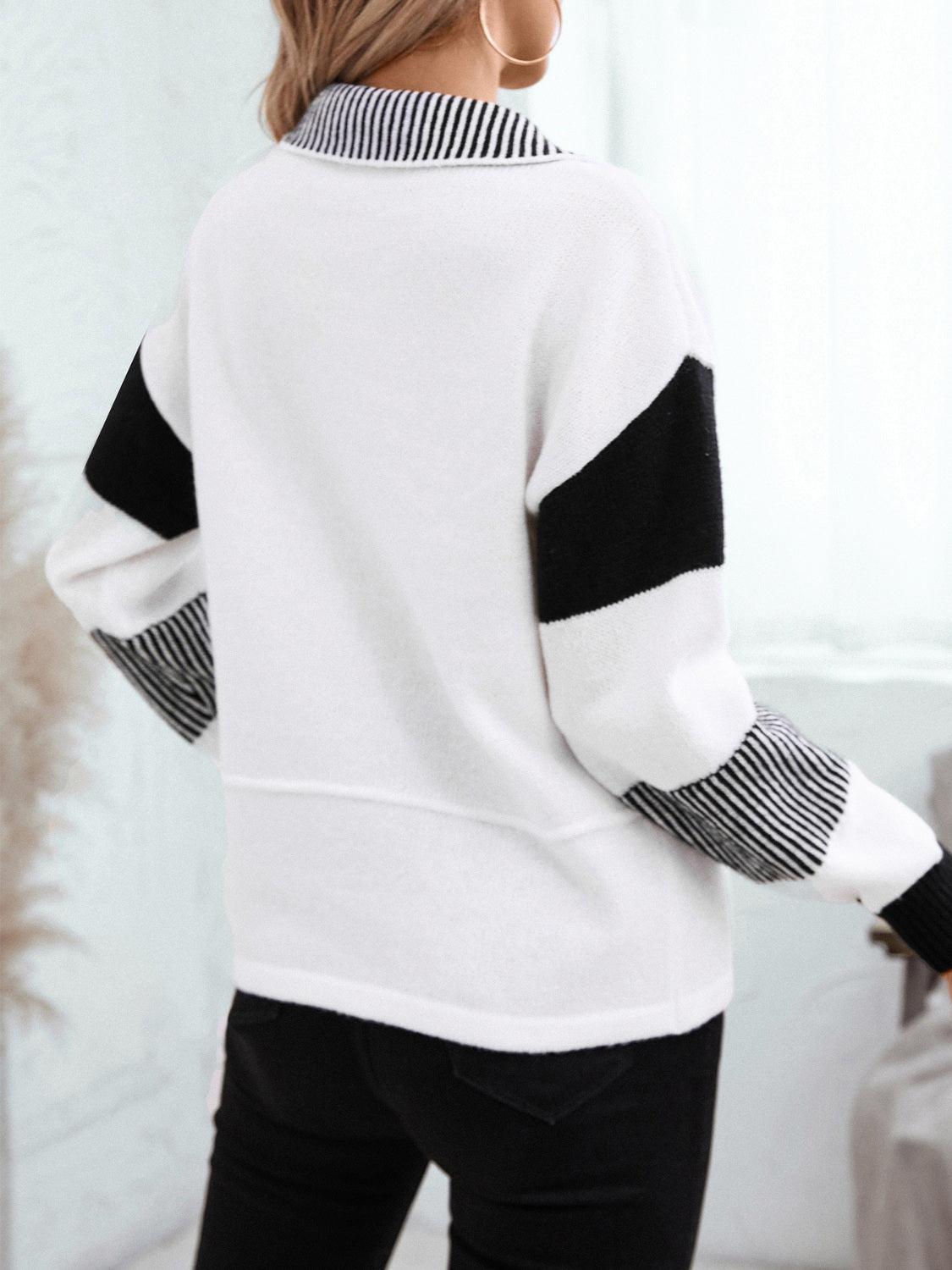 Striped Johnny Collar Drop Shoulder Sweater - Clothes For Her Online Store