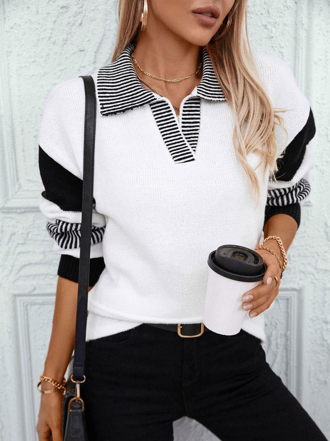 Striped Johnny Collar Drop Shoulder Sweater - Clothes For Her Online Store