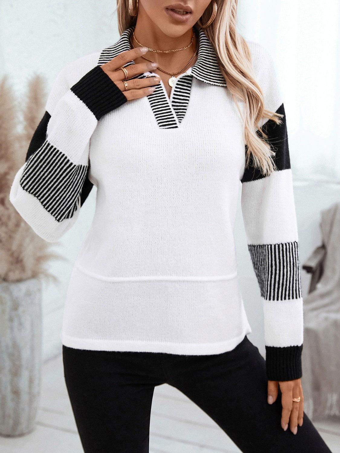 Striped Johnny Collar Drop Shoulder Sweater - Clothes For Her Online Store