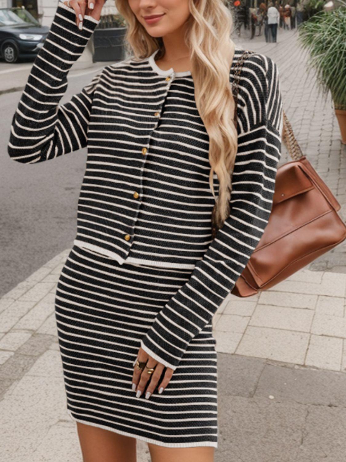 Striped Long Sleeve Top and Skirt Set - Clothes For Her Online Store