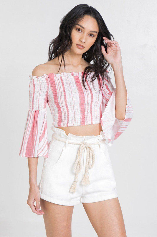 Striped Off-the-shoulder Gauze Crop Top - Clothes For Her Online Store