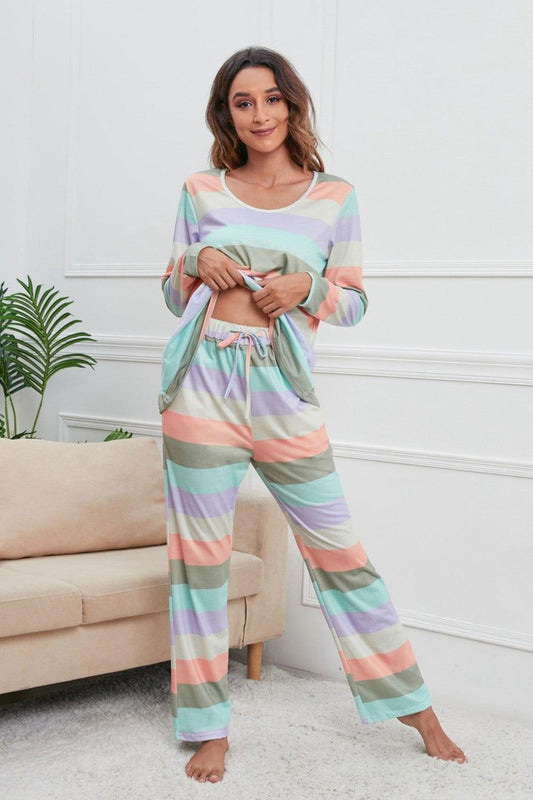 Striped Round Neck Long Sleeve Top and Drawstring Pants Lounge Set - Clothes For Her Online Store