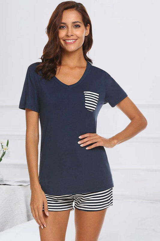 Striped Short Sleeve Top and Shorts Lounge Set - Clothes For Her Online Store