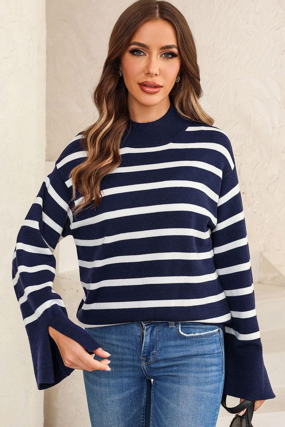 Striped Slit Drop Shoulder Sweater - Clothes For Her Online Store