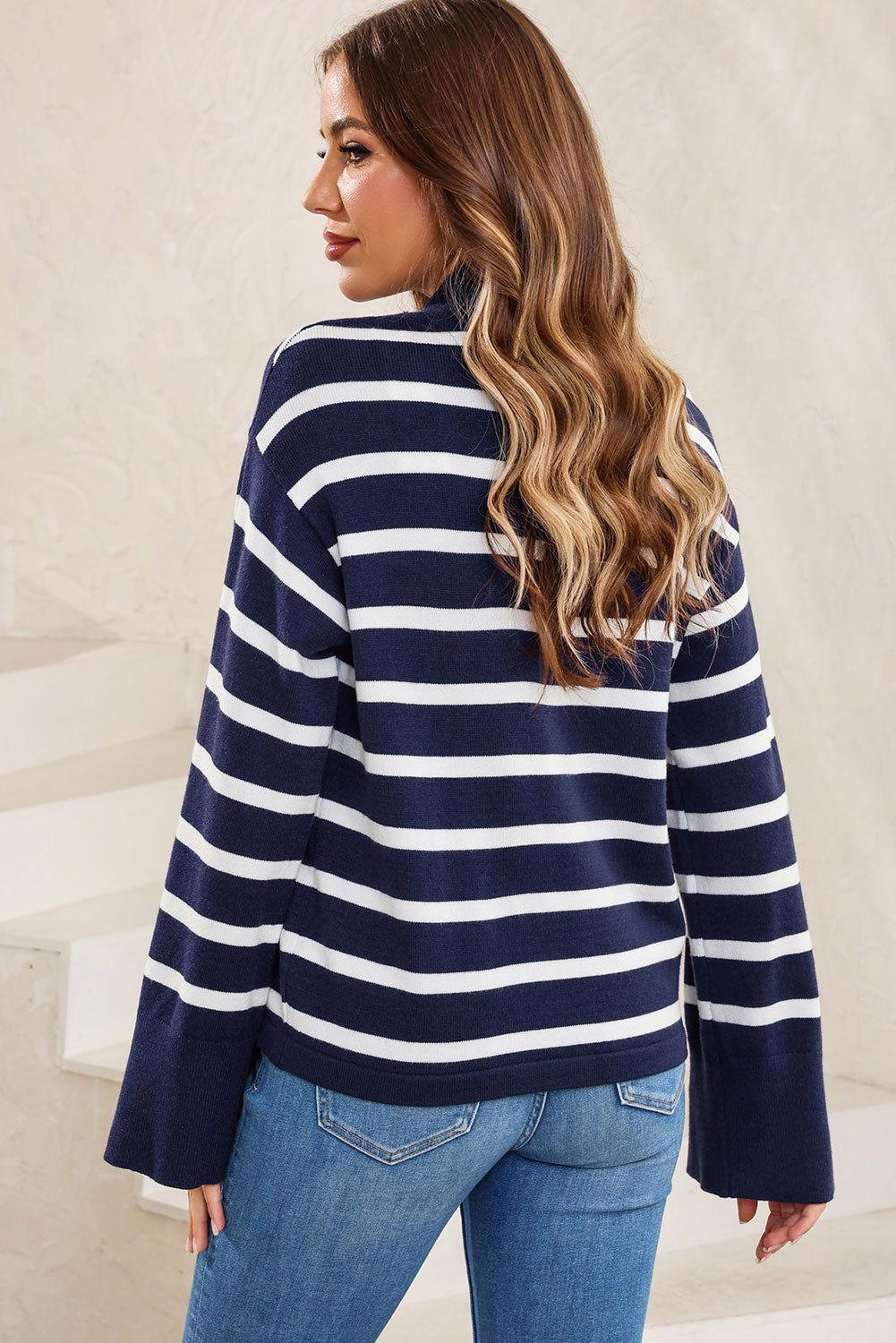 Striped Slit Drop Shoulder Sweater - Clothes For Her Online Store