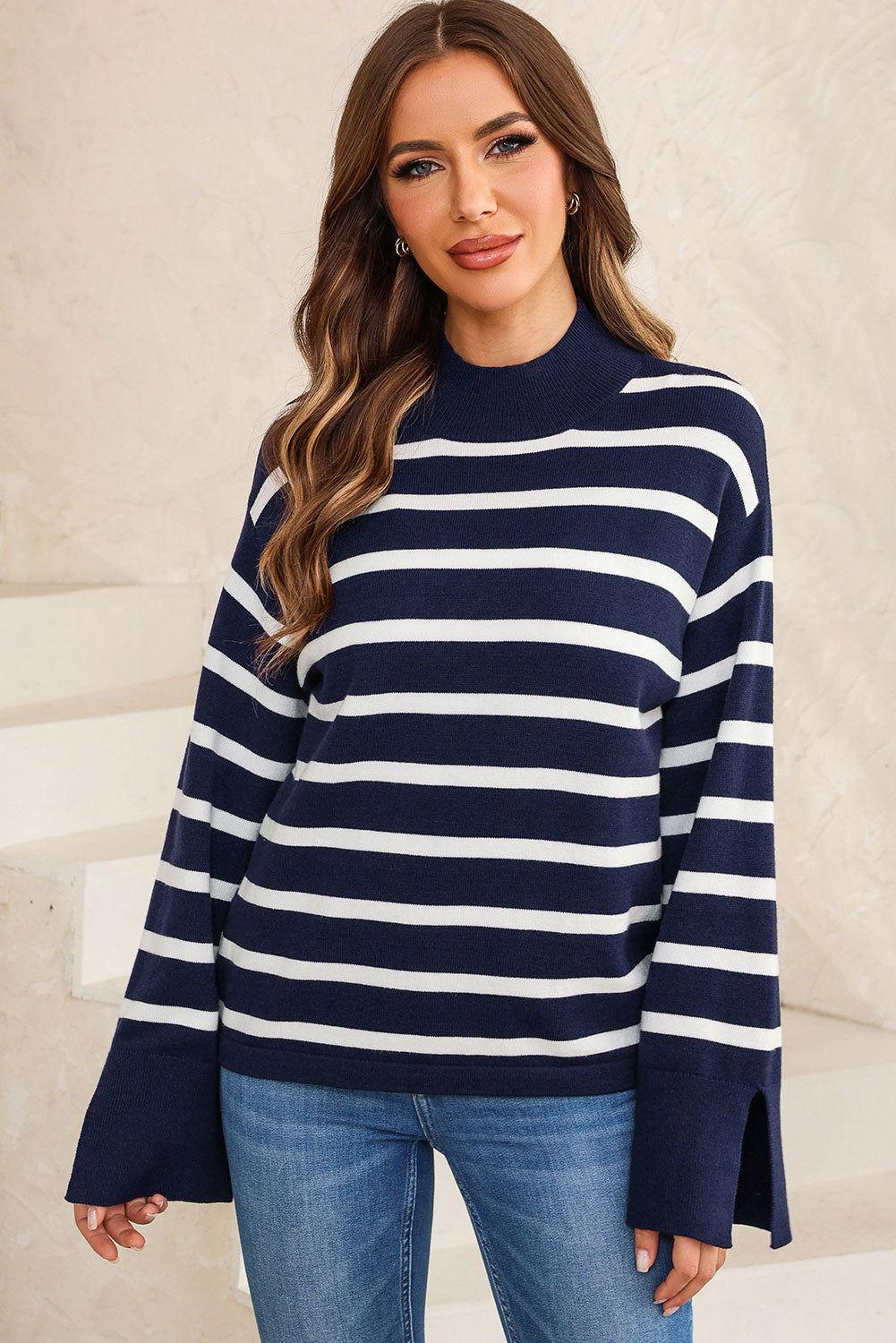 Striped Slit Drop Shoulder Sweater - Clothes For Her Online Store