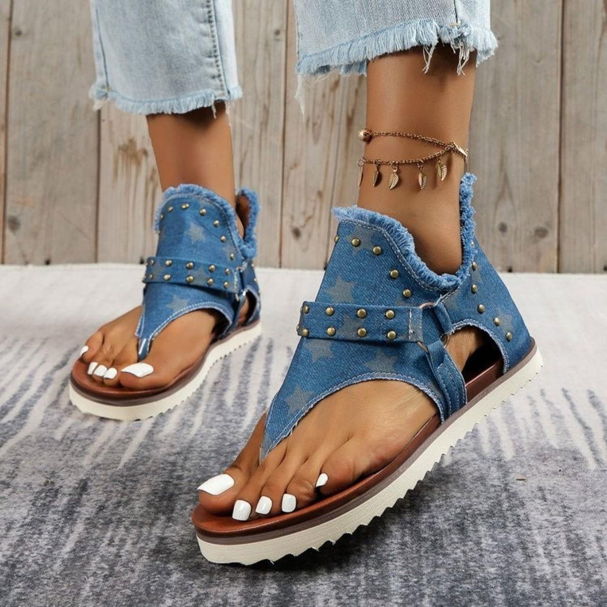Studded Raw Hem Flat Sandals - Clothes For Her Online Store