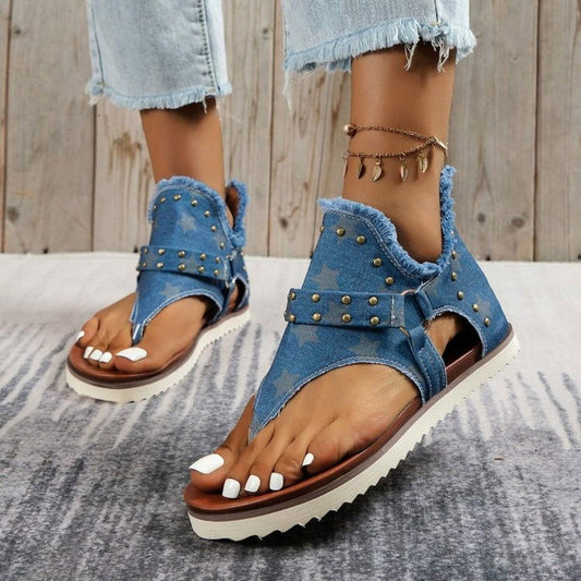 Studded Raw Hem Flat Sandals - Clothes For Her Online Store