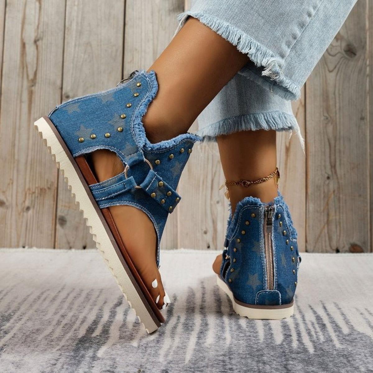 Studded Raw Hem Flat Sandals - Clothes For Her Online Store