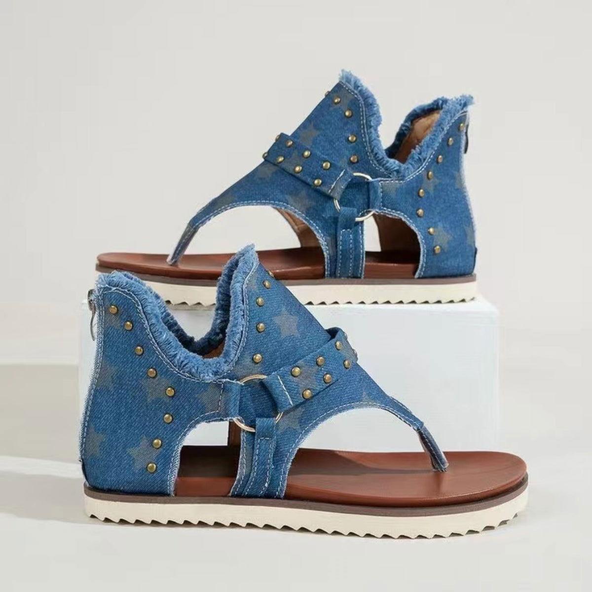 Studded Raw Hem Flat Sandals - Clothes For Her Online Store
