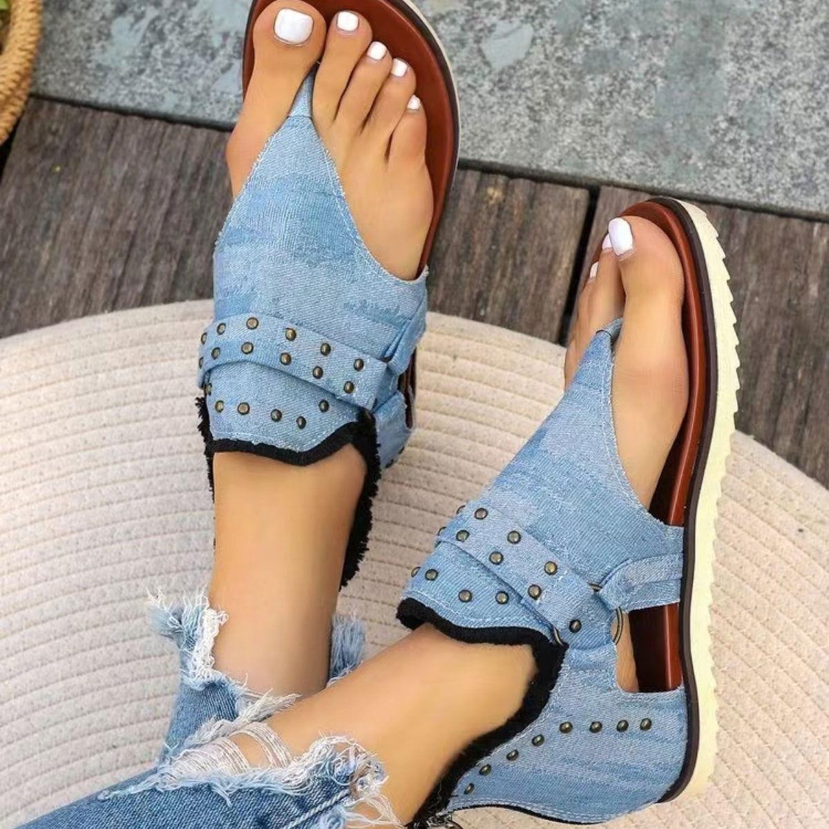 Studded Raw Hem Flat Sandals - Clothes For Her Online Store