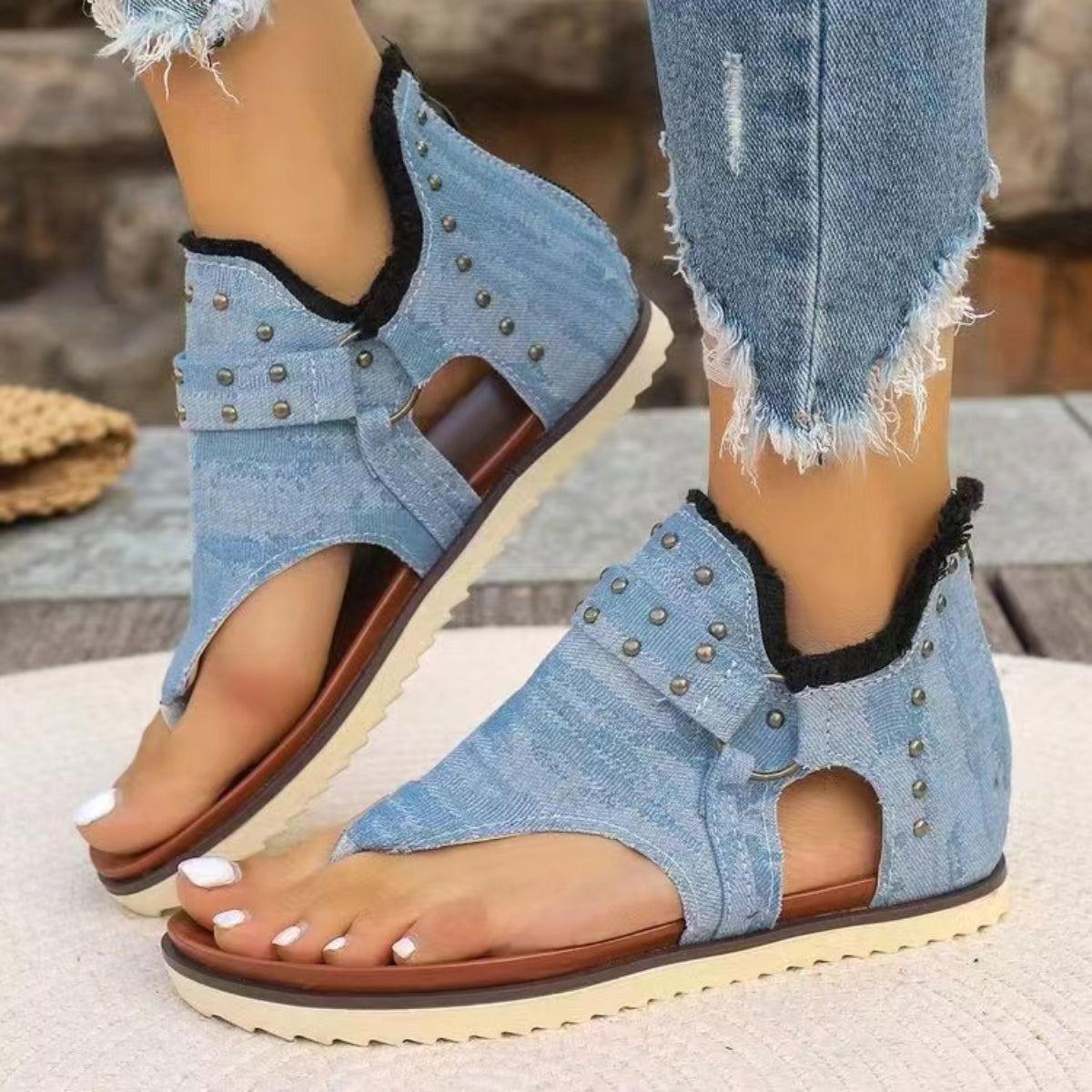 Studded Raw Hem Flat Sandals - Clothes For Her Online Store