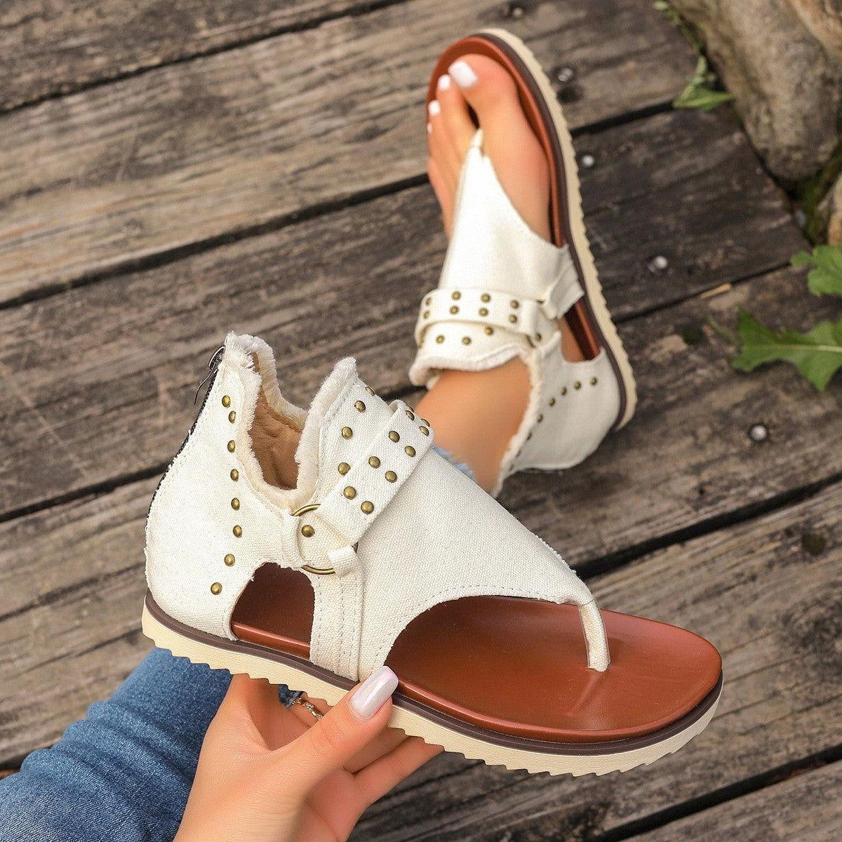 Studded Raw Hem Flat Sandals - Clothes For Her Online Store