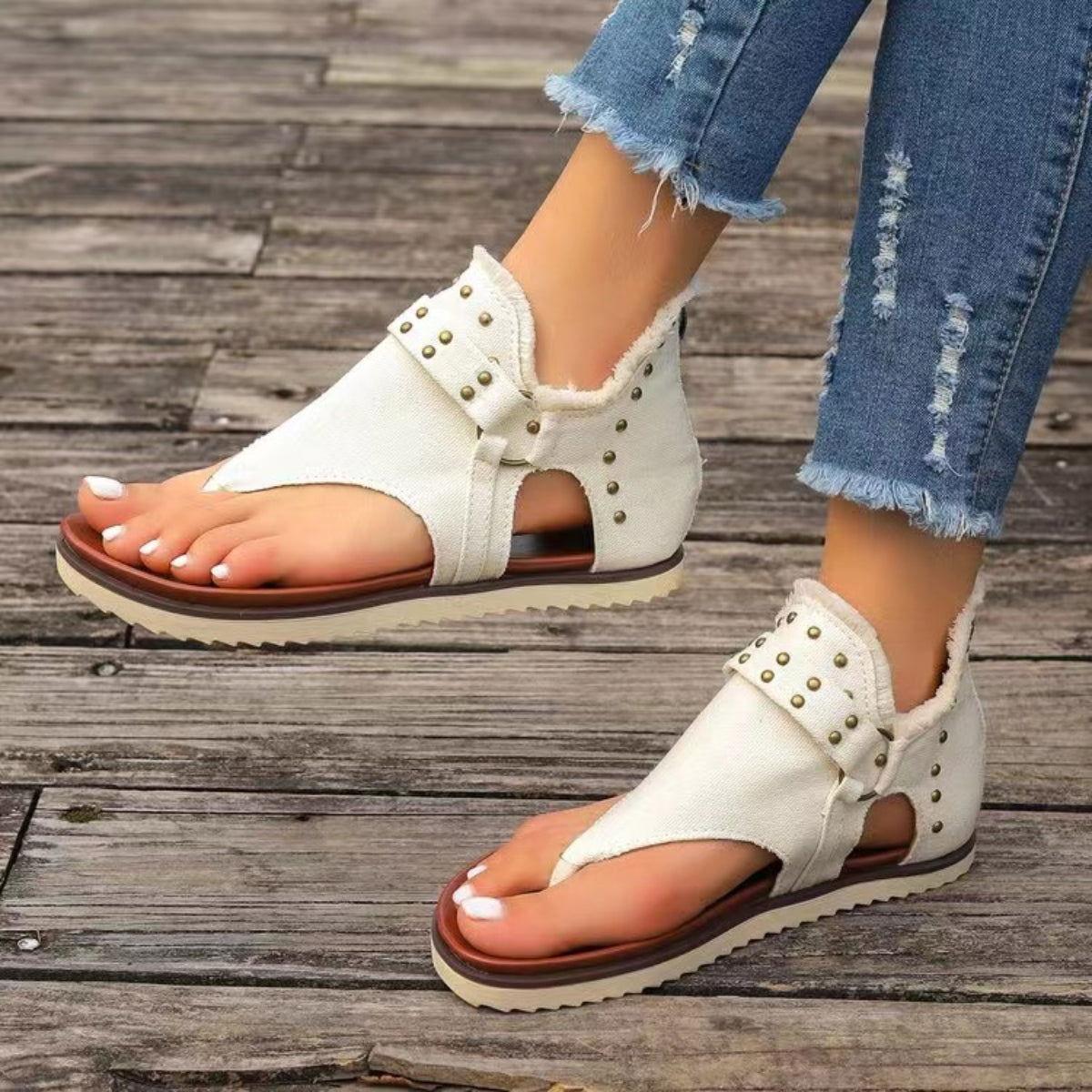 Studded Raw Hem Flat Sandals - Clothes For Her Online Store
