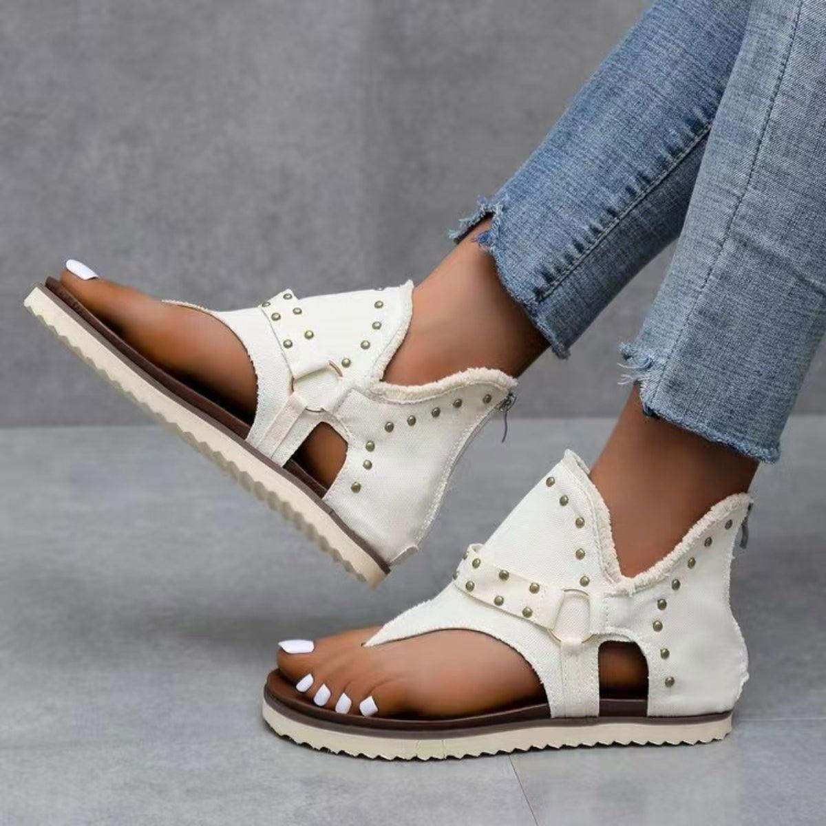 Studded Raw Hem Flat Sandals - Clothes For Her Online Store