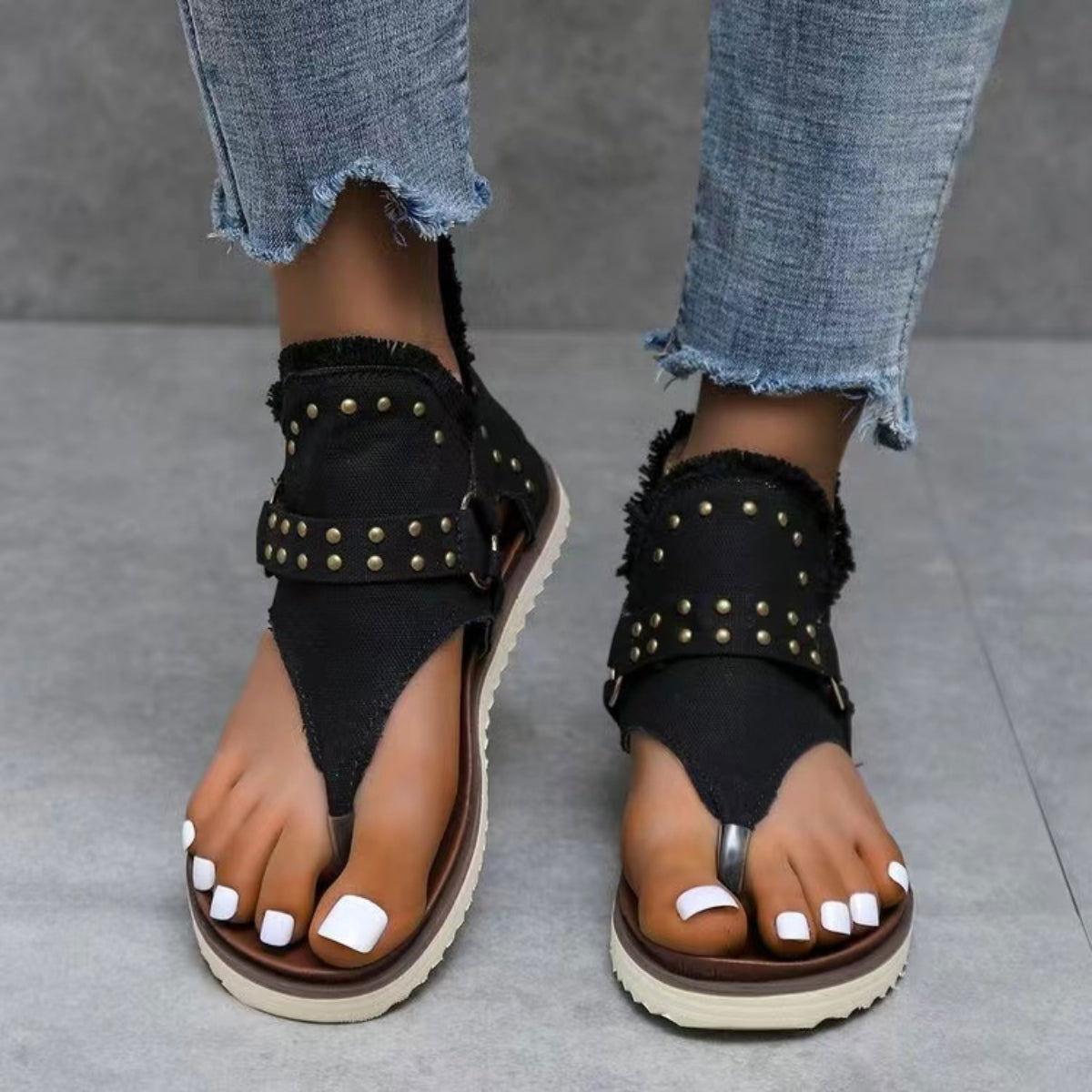 Studded Raw Hem Flat Sandals - Clothes For Her Online Store
