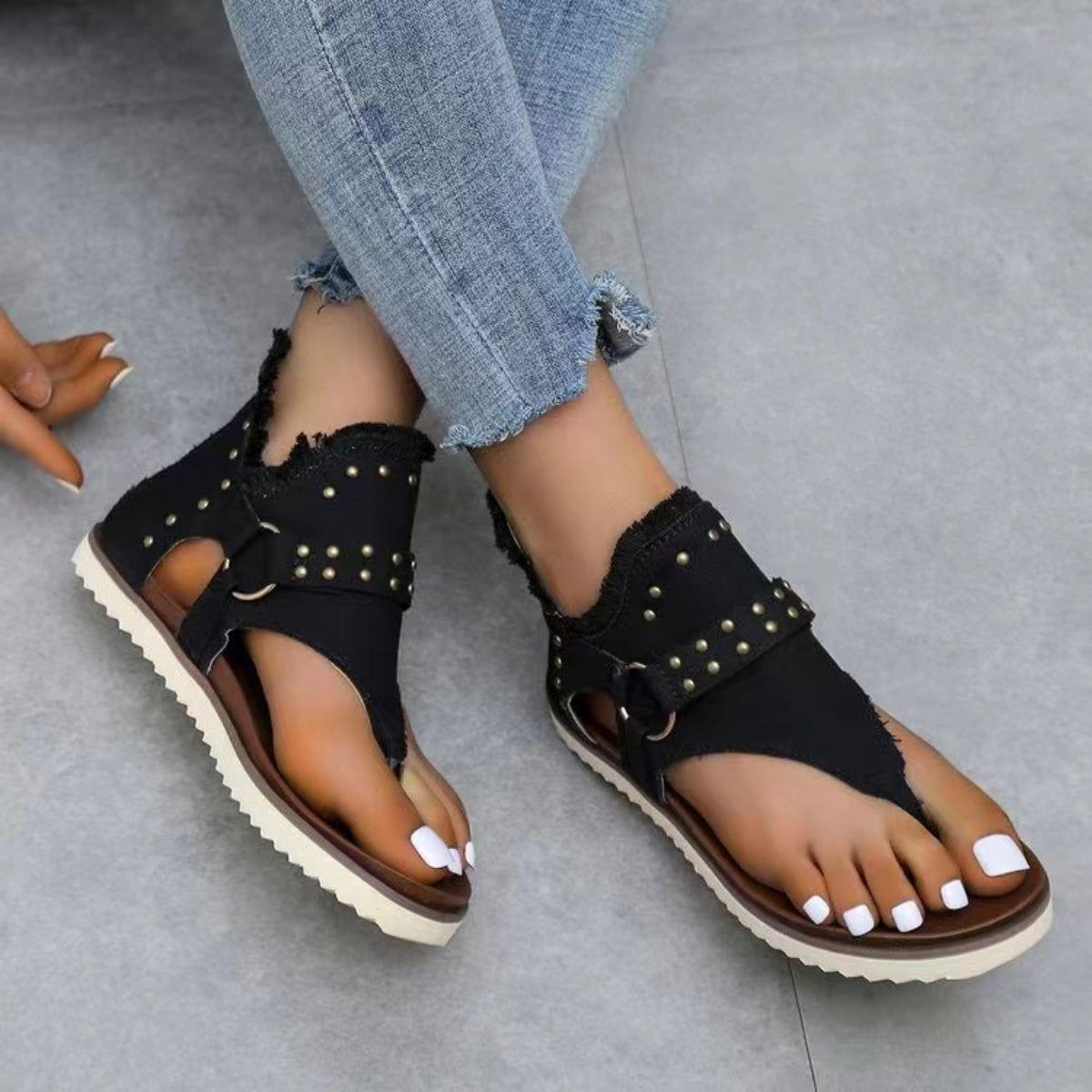 Studded Raw Hem Flat Sandals - Clothes For Her Online Store