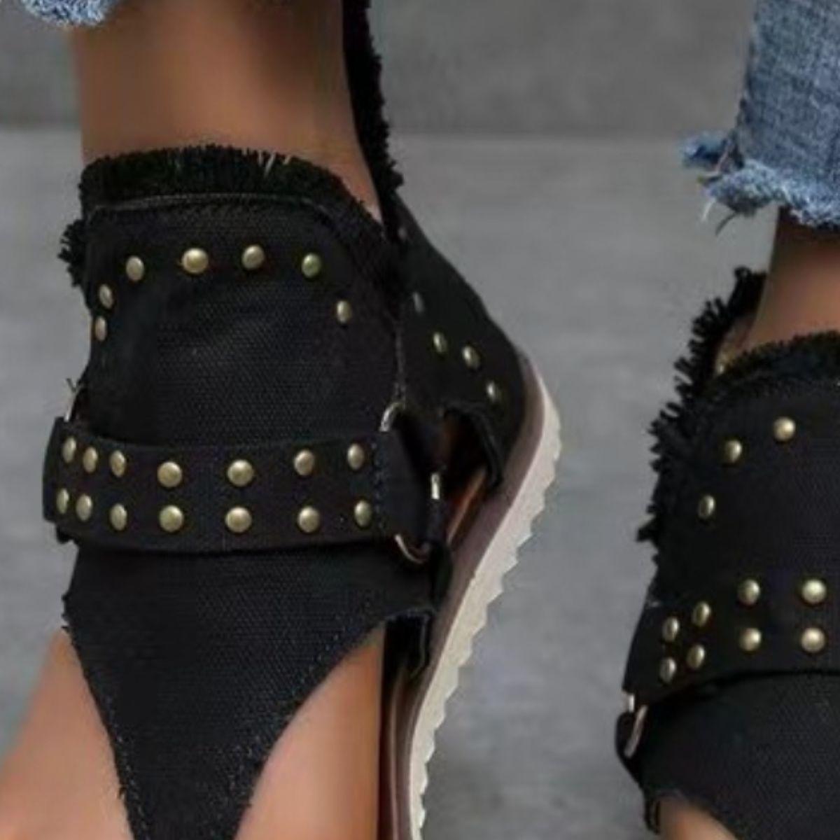 Studded Raw Hem Flat Sandals - Clothes For Her Online Store