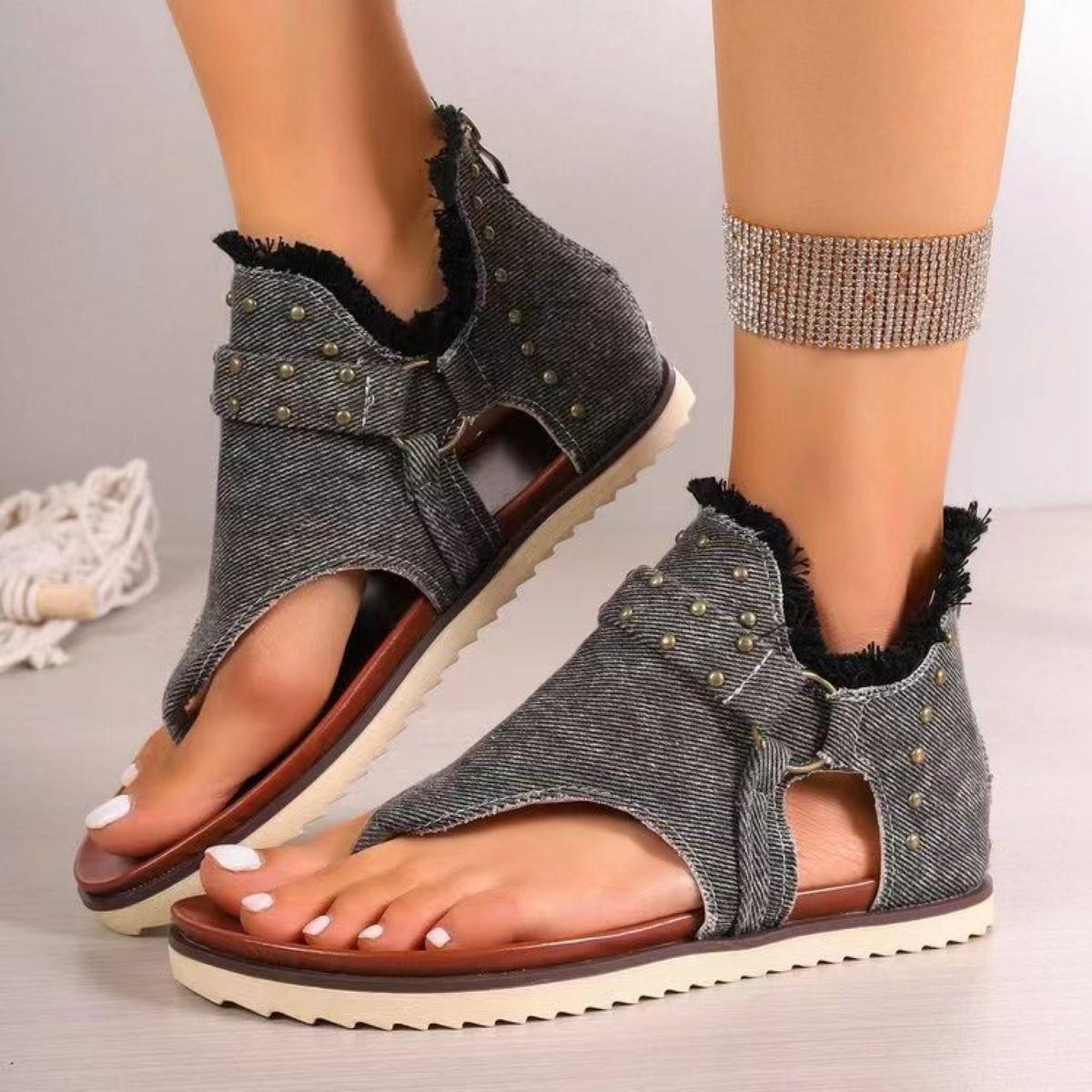 Studded Raw Hem Flat Sandals - Clothes For Her Online Store