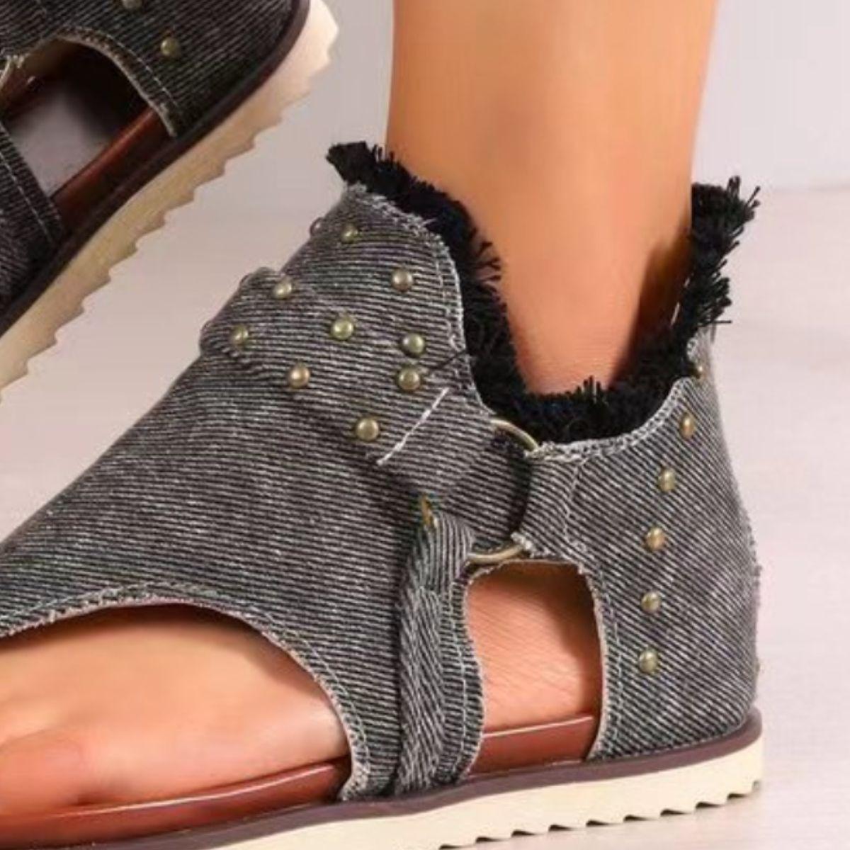 Studded Raw Hem Flat Sandals - Clothes For Her Online Store