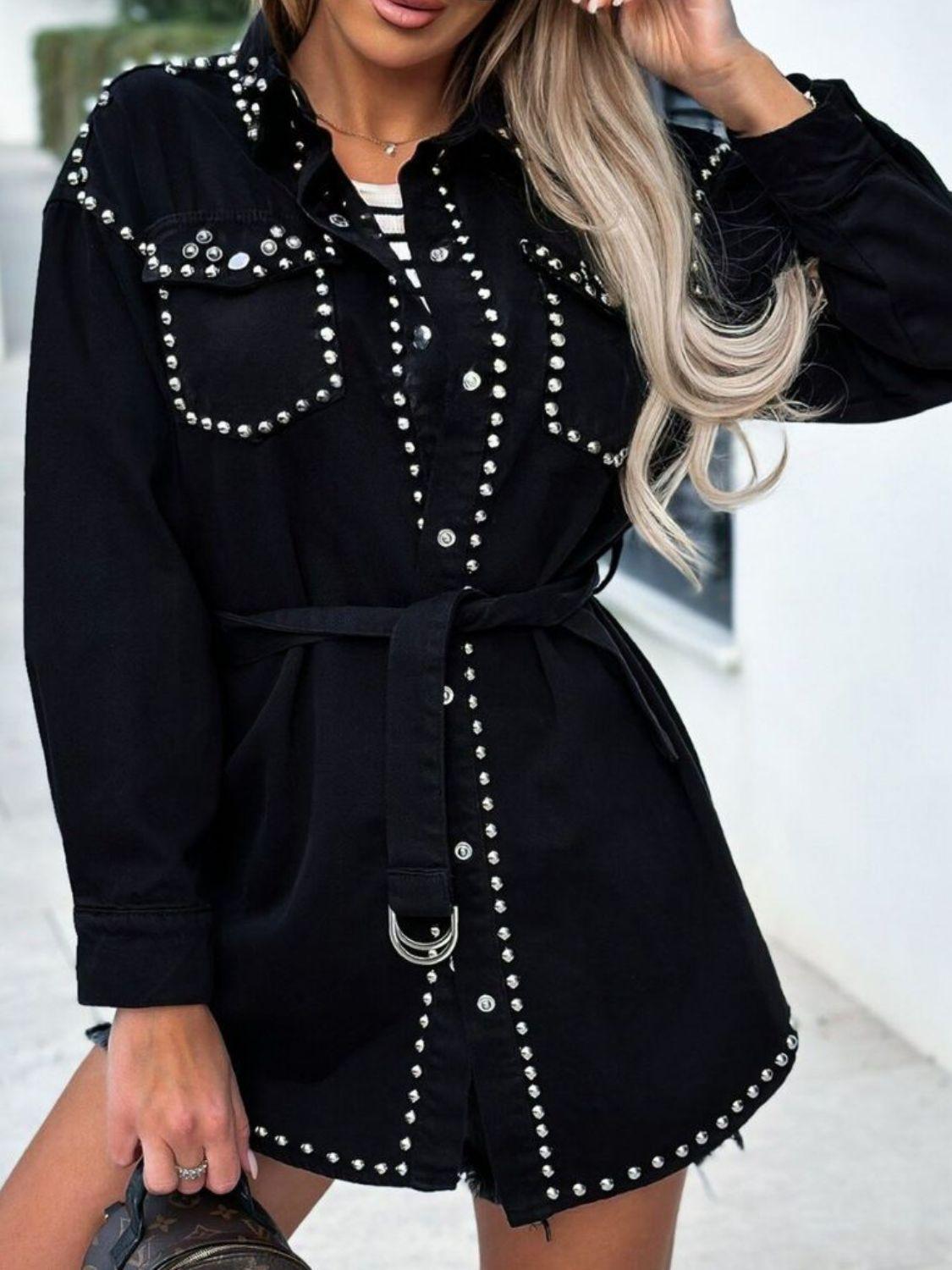 Studded Snap Down Long Sleeve Denim Shacket - Clothes For Her Online Store