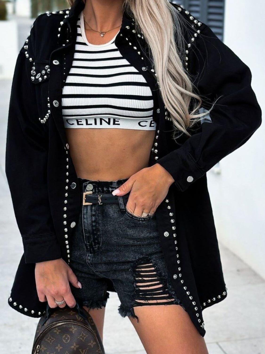 Studded Snap Down Long Sleeve Denim Shacket - Clothes For Her Online Store
