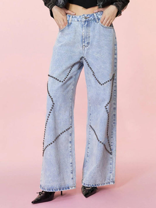 Studded Star Straight Jeans with Pockets - Clothes For Her Online Store