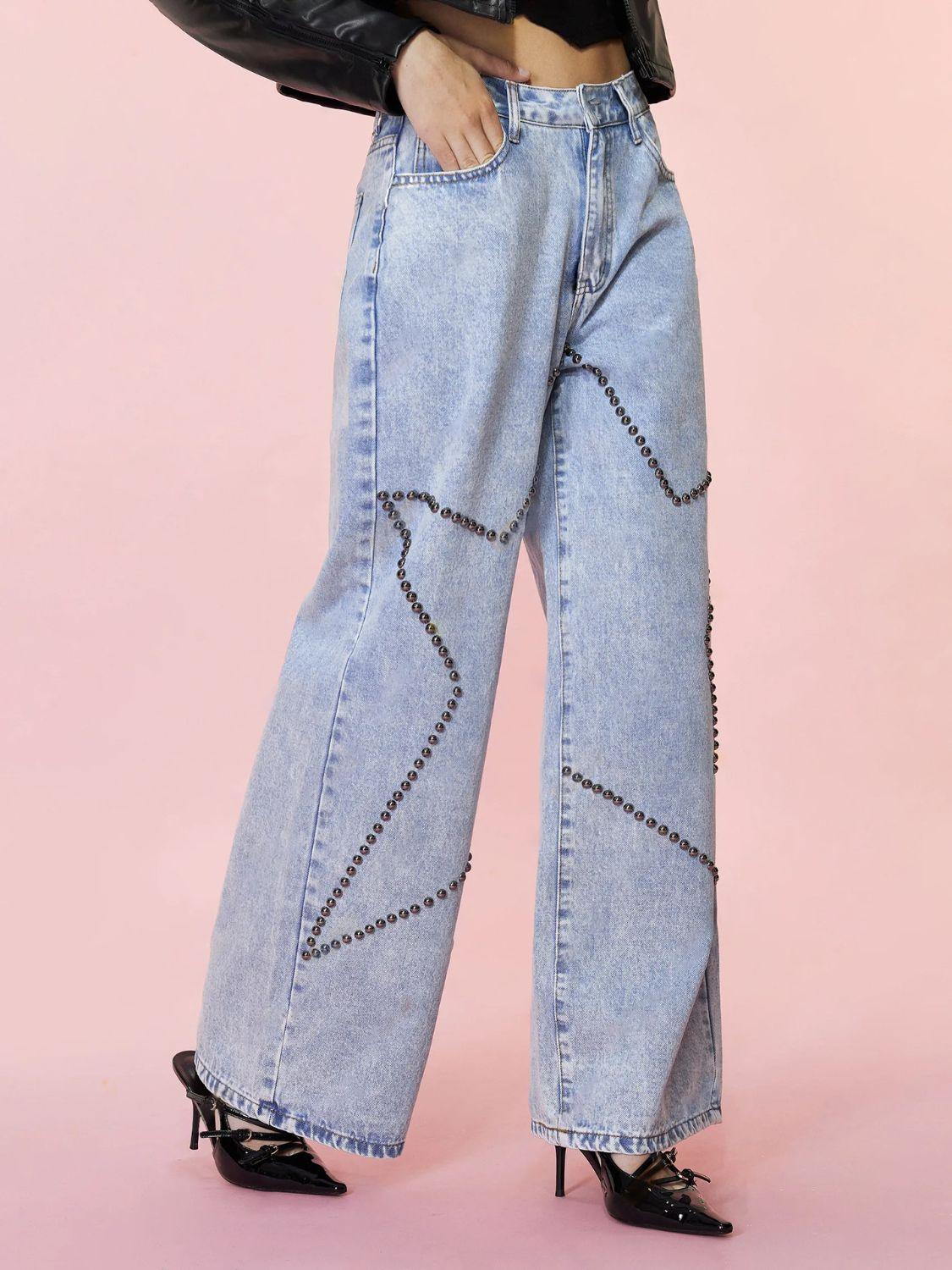 Studded Star Straight Jeans with Pockets - Clothes For Her Online Store