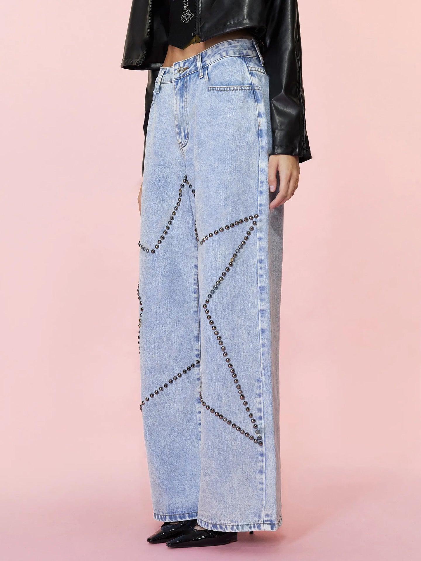 Studded Star Straight Jeans with Pockets - Clothes For Her Online Store