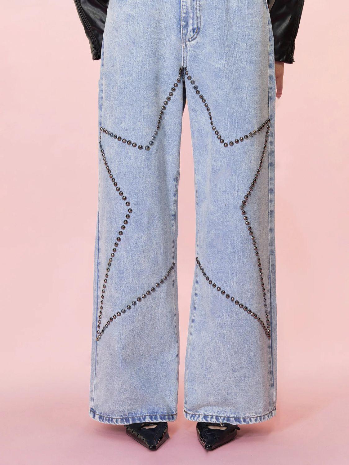 Studded Star Straight Jeans with Pockets - Clothes For Her Online Store