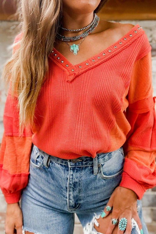 Studded Waffle-Knit V-Neck Long Sleeve Top - Clothes For Her Online Store