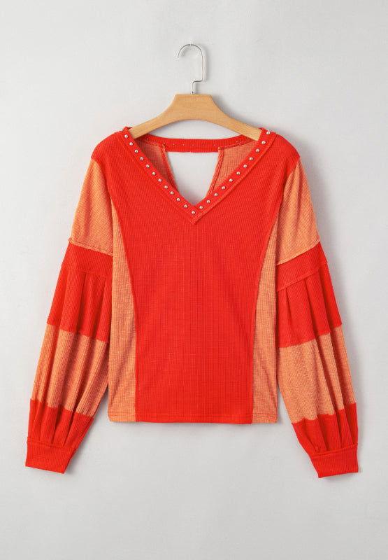 Studded Waffle-Knit V-Neck Long Sleeve Top - Clothes For Her Online Store