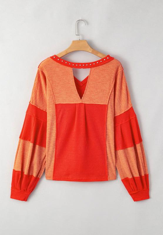 Studded Waffle-Knit V-Neck Long Sleeve Top - Clothes For Her Online Store