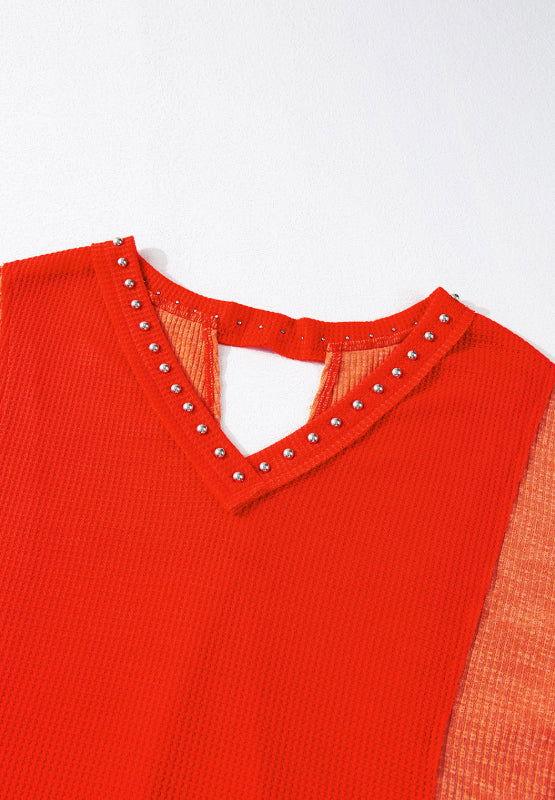 Studded Waffle-Knit V-Neck Long Sleeve Top - Clothes For Her Online Store