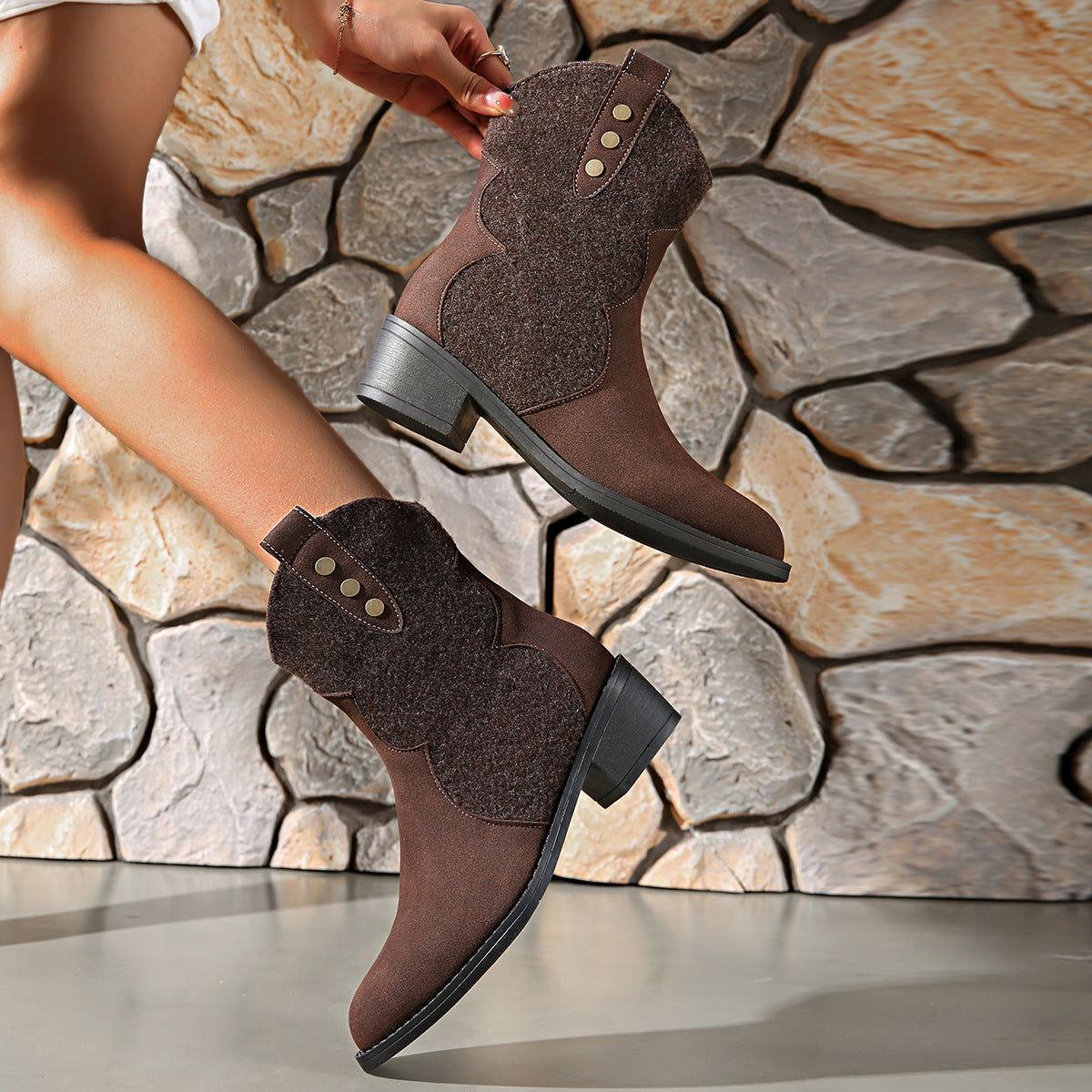 Suede Point Toe Block Heel Boots - Clothes For Her Online Store