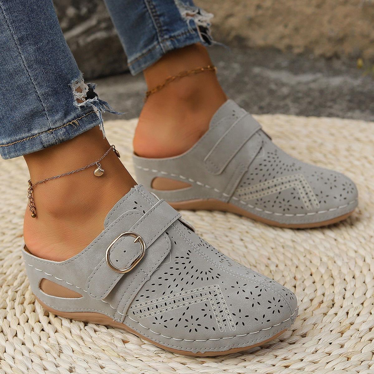 Suede Round Toe Wedge Sandals - Clothes For Her Online Store