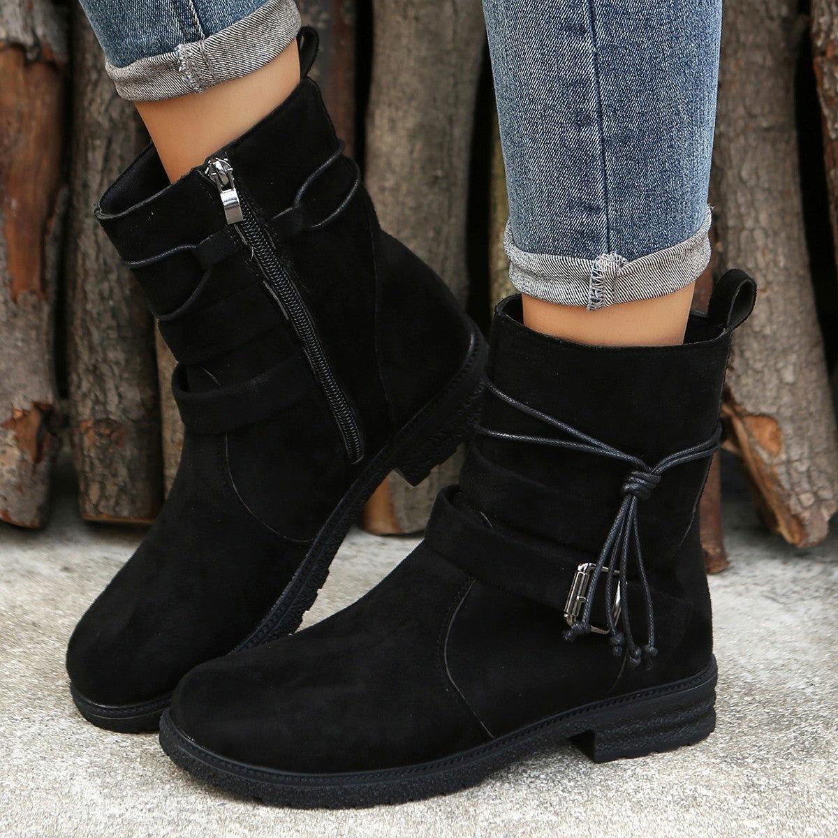 Suede Side Zip Round Toe Boots - Clothes For Her Online Store