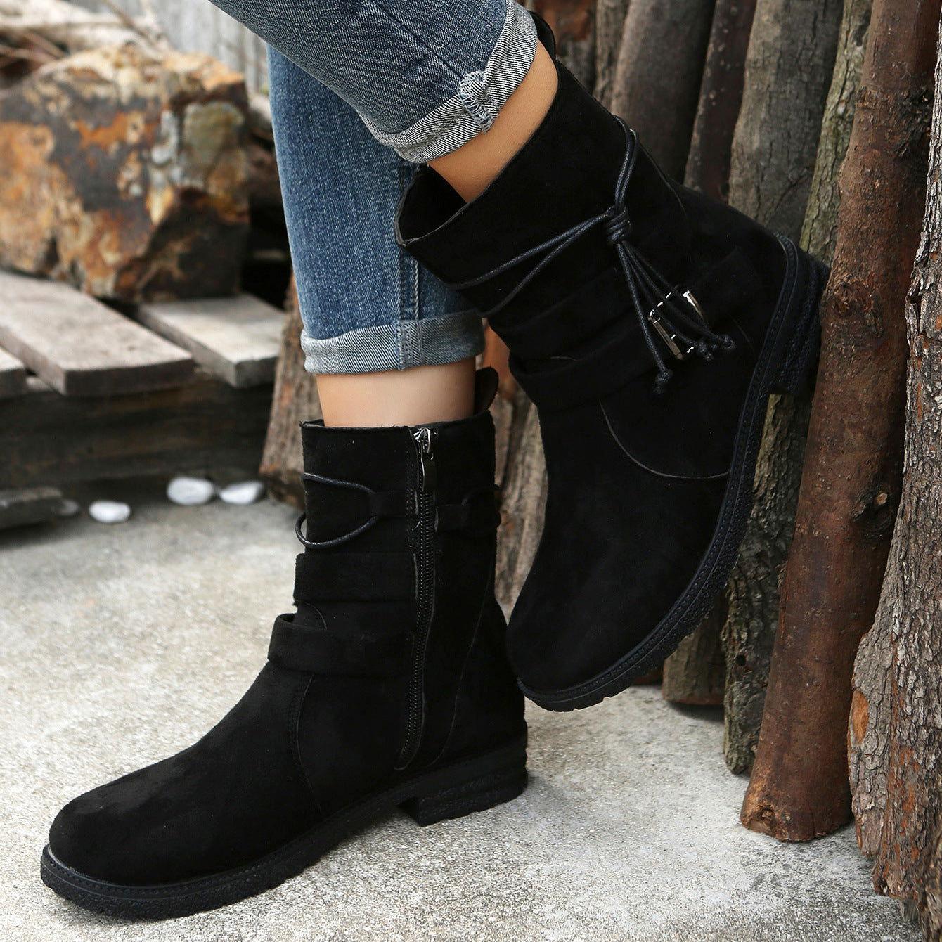 Suede Side Zip Round Toe Boots - Clothes For Her Online Store