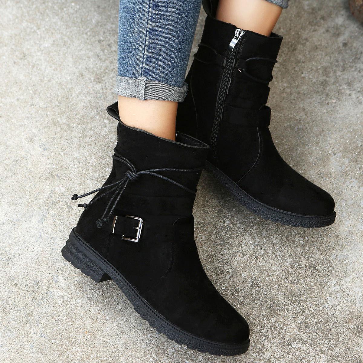 Suede Side Zip Round Toe Boots - Clothes For Her Online Store