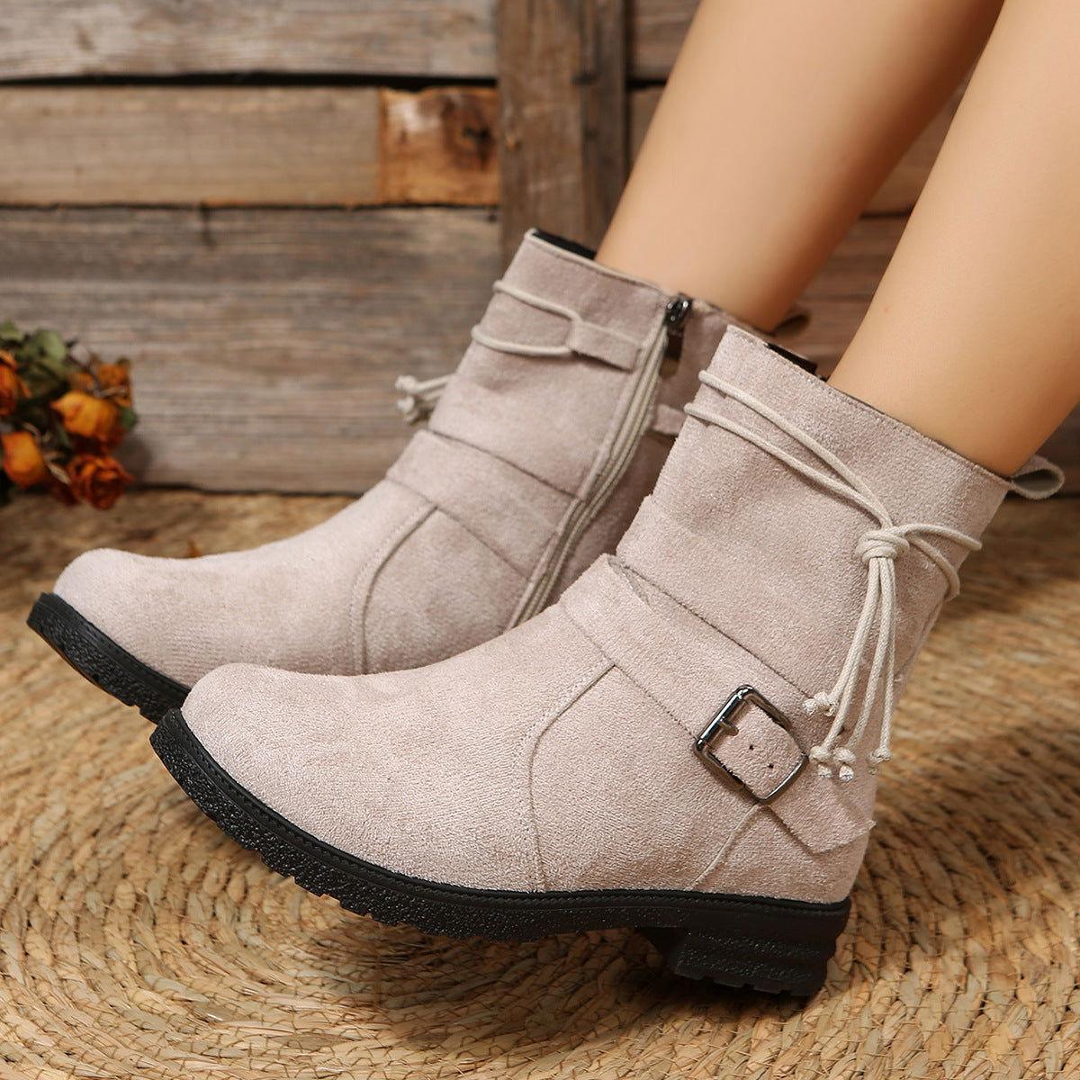 Suede Side Zip Round Toe Boots - Clothes For Her Online Store