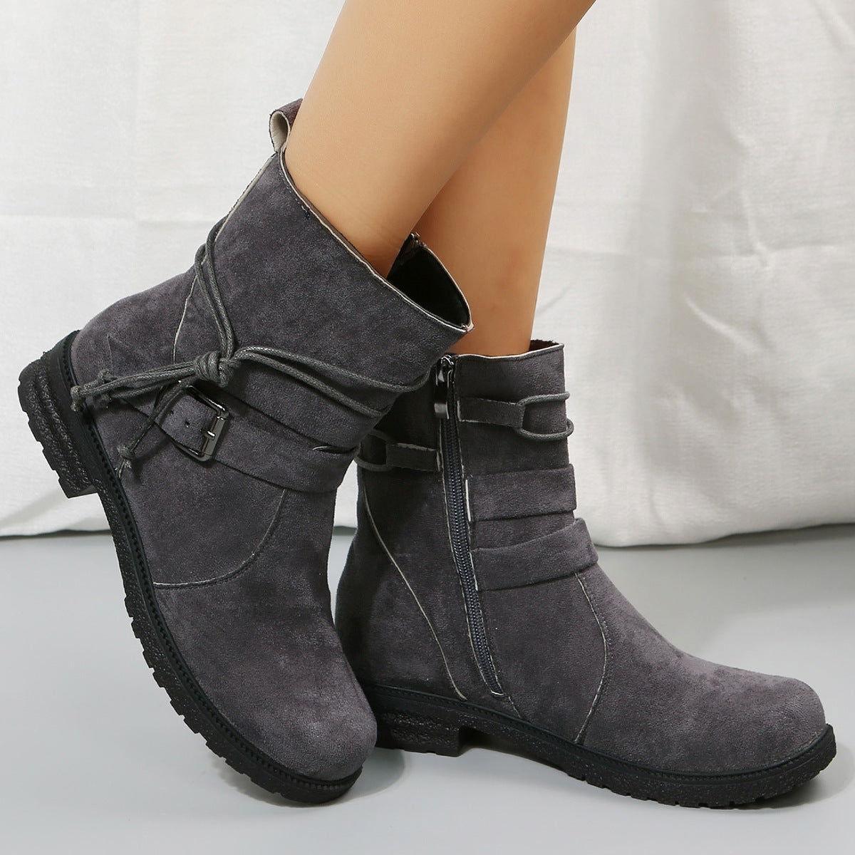 Suede Side Zip Round Toe Boots - Clothes For Her Online Store