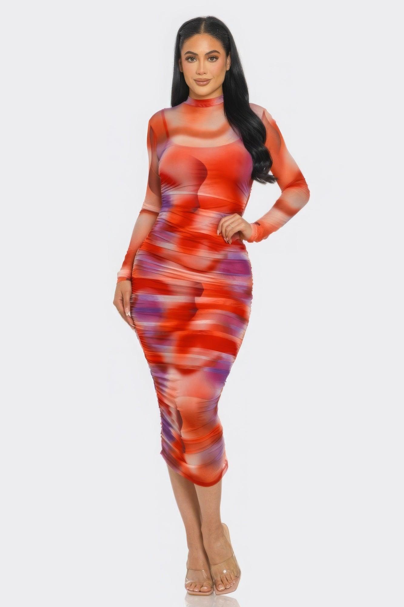 Summer Heat Print Mesh Ruched Midi Dress - Clothes For Her Online Store