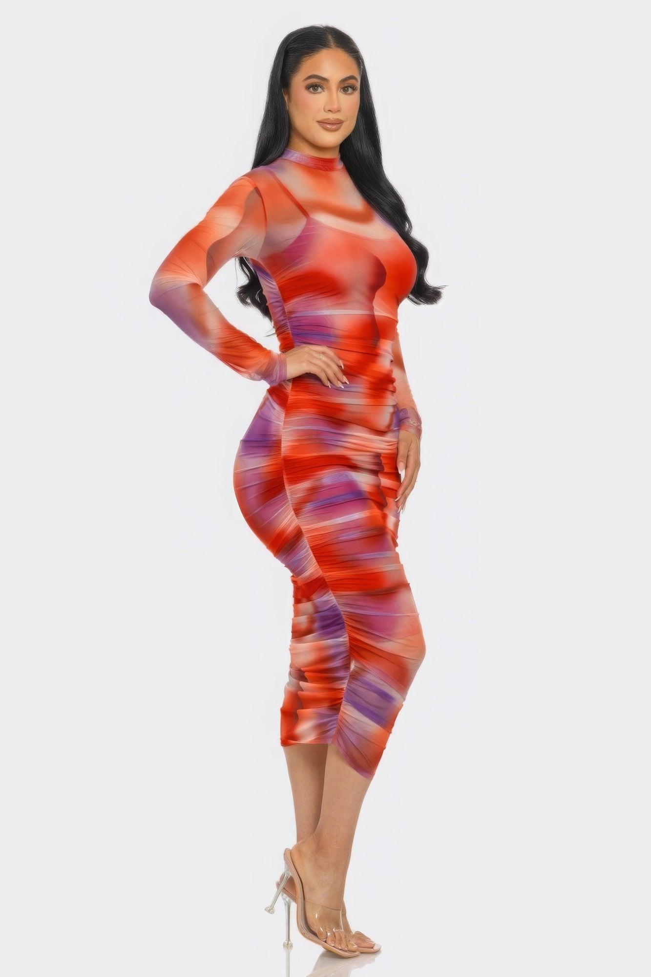 Summer Heat Print Mesh Ruched Midi Dress - Clothes For Her Online Store