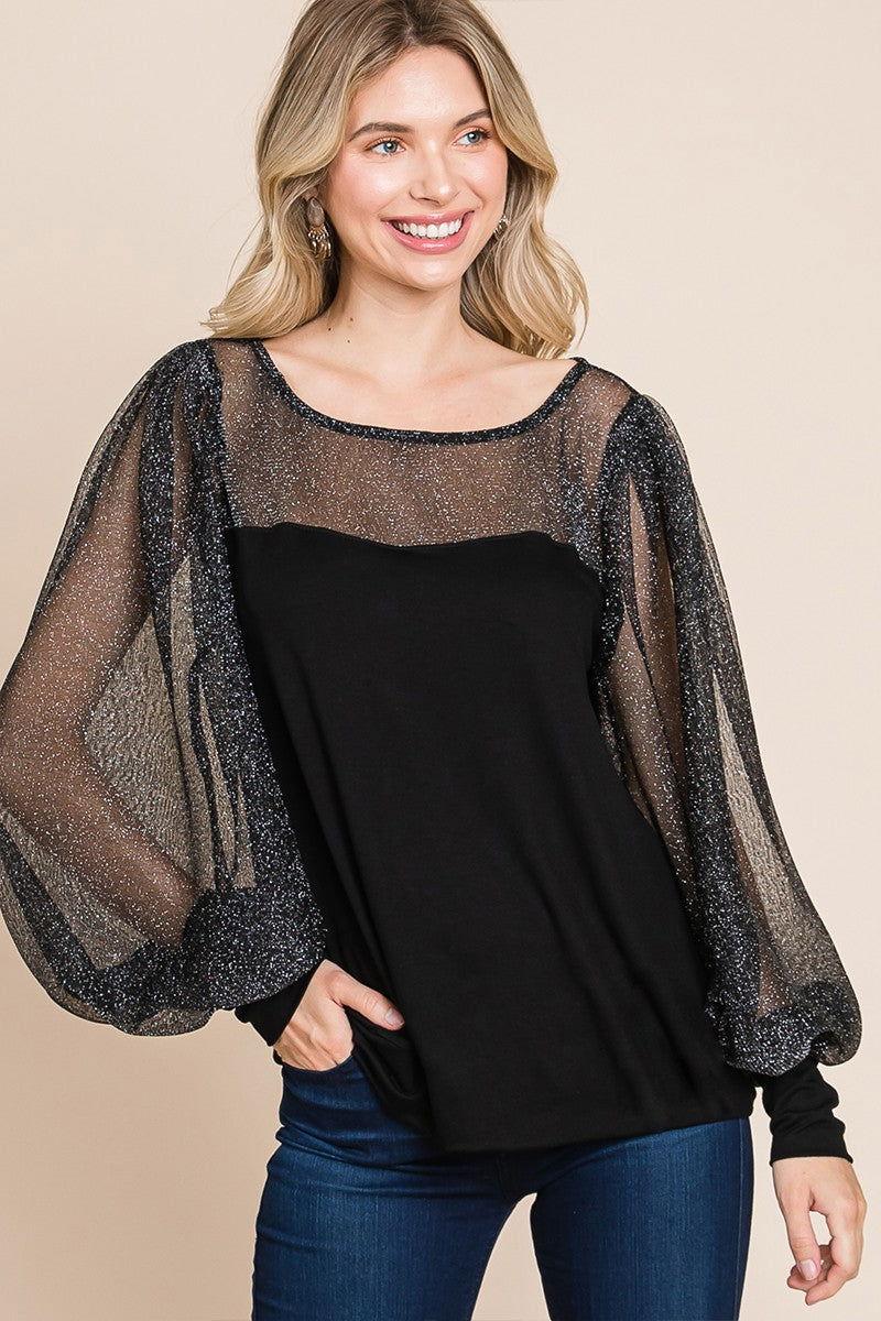 Super Lady Full Size Metallic Mesh Lantern Sleeve Blouse - Clothes For Her Online Store