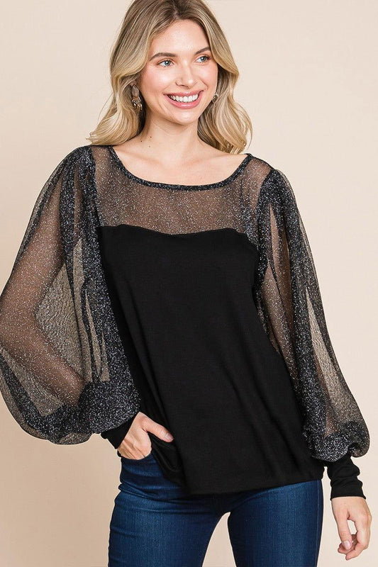 Super Lady Full Size Metallic Mesh Lantern Sleeve Blouse - Clothes For Her Online Store
