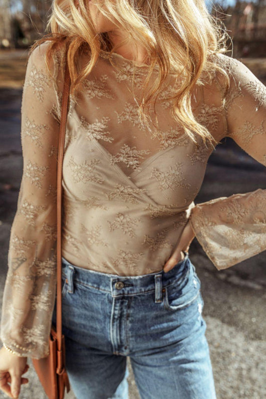 Surplice Cami and Lace Long Sleeve Cover Up Set - Clothes For Her Online Store