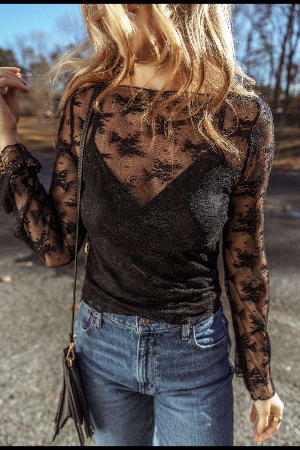 Surplice Cami and Lace Long Sleeve Cover Up Set - Clothes For Her Online Store