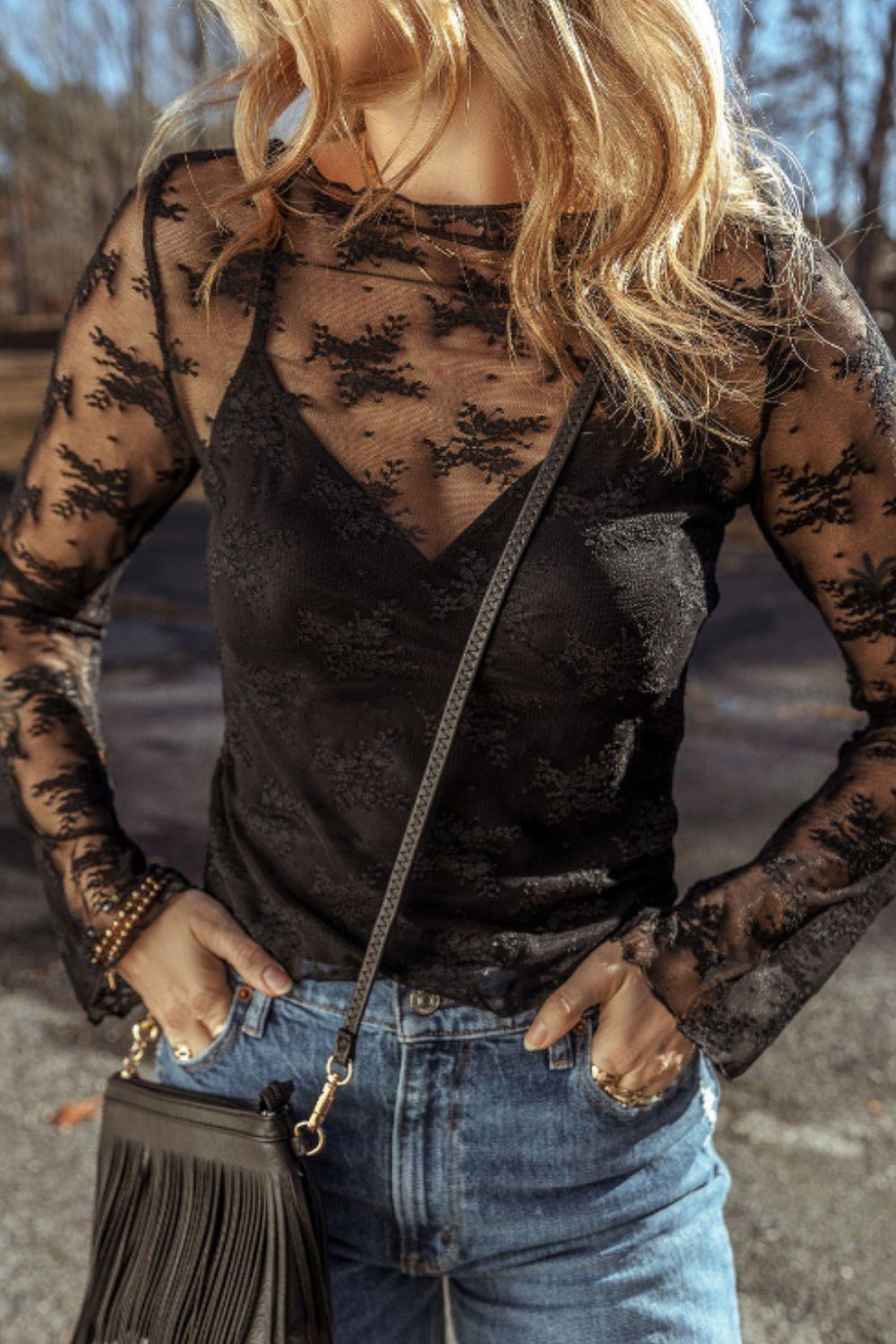 Surplice Cami and Lace Long Sleeve Cover Up Set - Clothes For Her Online Store