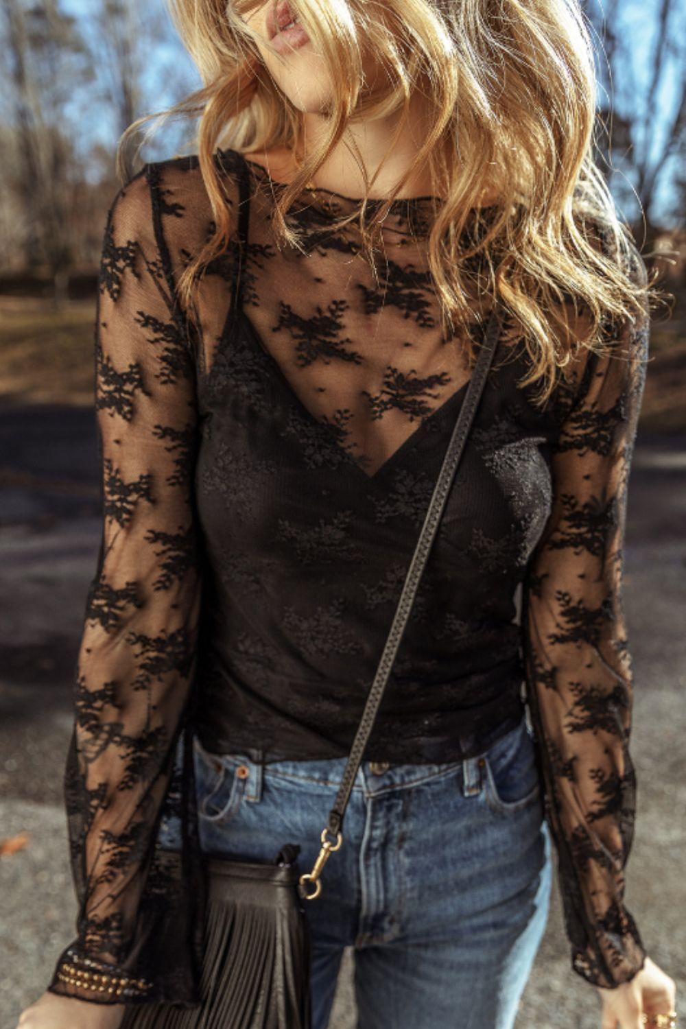 Surplice Cami and Lace Long Sleeve Cover Up Set - Clothes For Her Online Store