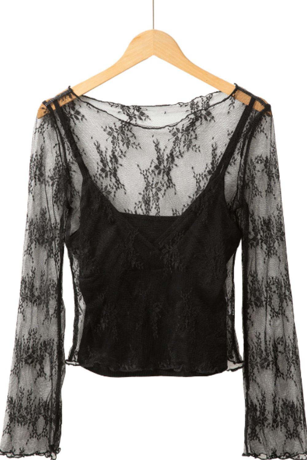 Surplice Cami and Lace Long Sleeve Cover Up Set - Clothes For Her Online Store